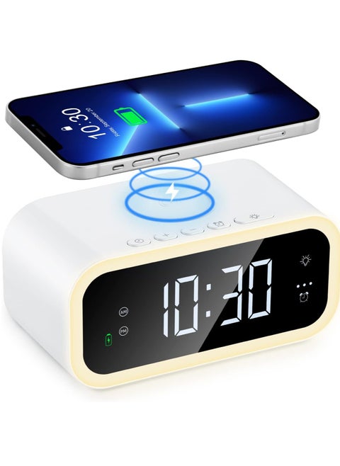 Wireless Charger Alarm Clock, 15W Qi Wireless Charger, Ambient Light Alarm Clock with Adjustable Brightness, Digital Alarm Clock with USB Output Port for Bedroom, Office