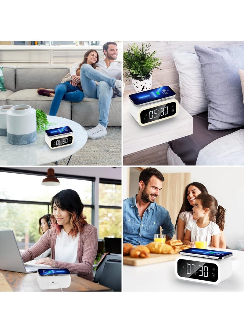 Wireless Charger Alarm Clock, 15W Qi Wireless Charger, Ambient Light Alarm Clock with Adjustable Brightness, Digital Alarm Clock with USB Output Port for Bedroom, Office
