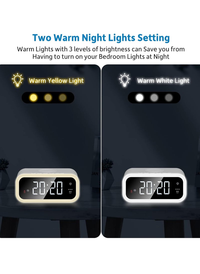 Wireless Charger Alarm Clock, 15W Qi Wireless Charger, Ambient Light Alarm Clock with Adjustable Brightness, Digital Alarm Clock with USB Output Port for Bedroom, Office