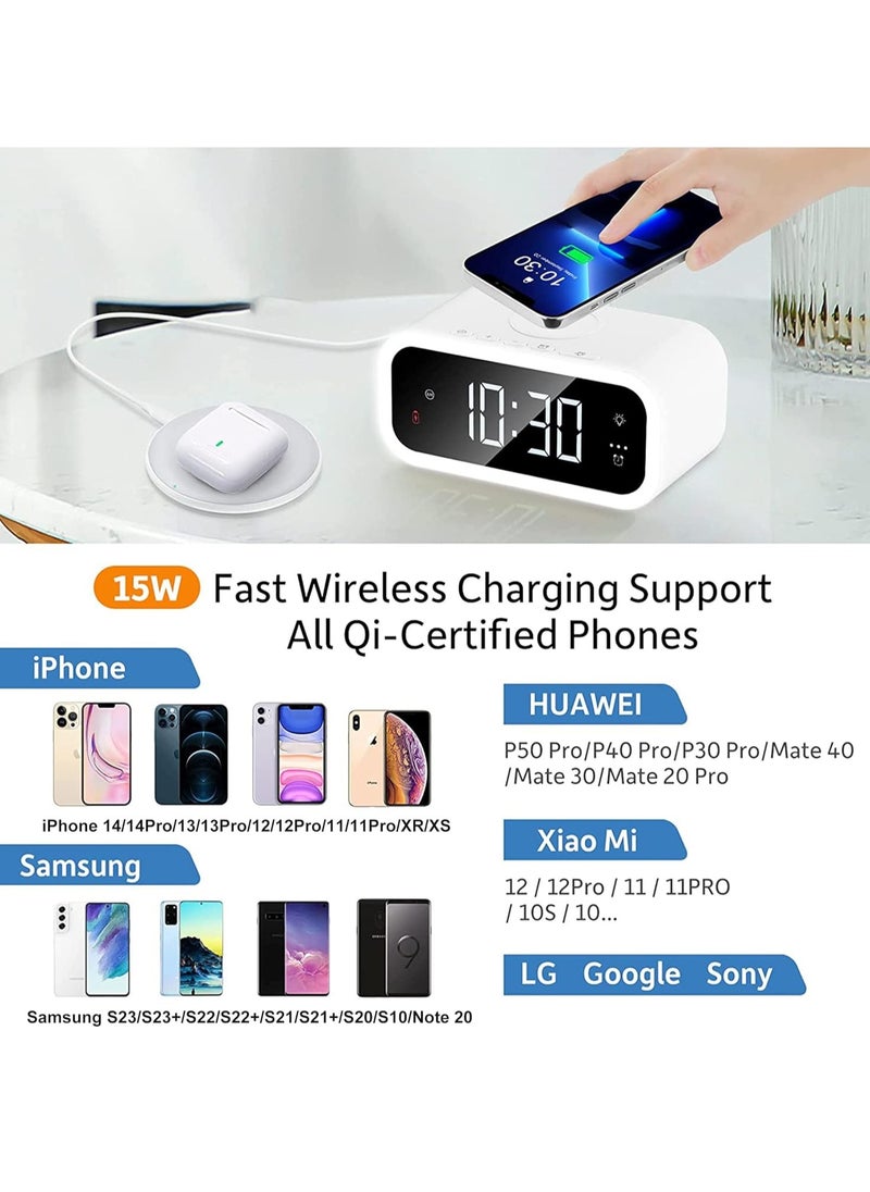 Wireless Charger Alarm Clock, 15W Qi Wireless Charger, Ambient Light Alarm Clock with Adjustable Brightness, Digital Alarm Clock with USB Output Port for Bedroom, Office