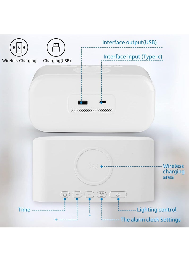 Wireless Charger Alarm Clock, 15W Qi Wireless Charger, Ambient Light Alarm Clock with Adjustable Brightness, Digital Alarm Clock with USB Output Port for Bedroom, Office