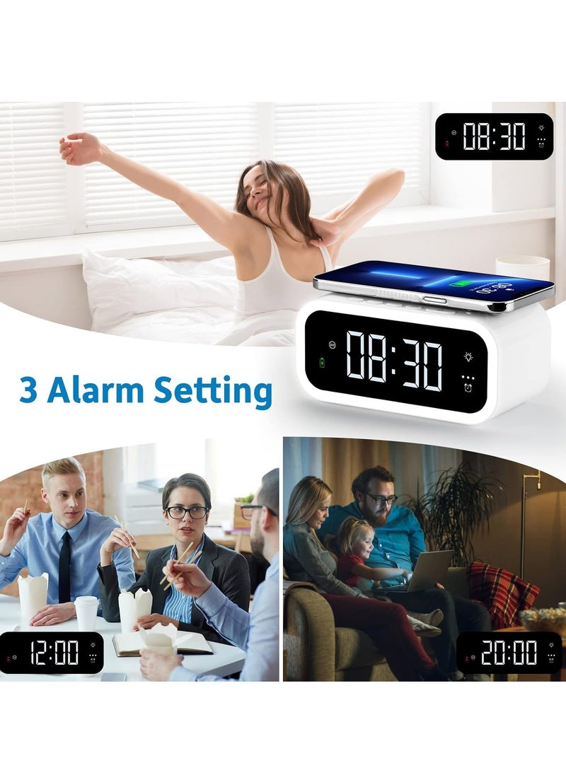 Wireless Charger Alarm Clock, 15W Qi Wireless Charger, Ambient Light Alarm Clock with Adjustable Brightness, Digital Alarm Clock with USB Output Port for Bedroom, Office