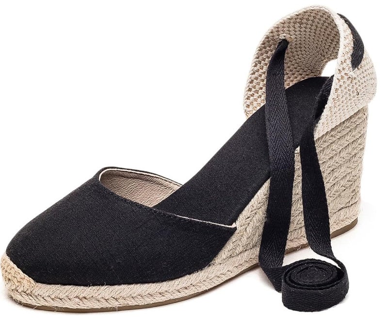 Ulite Womens Espadrille Wedge Sandals Closed Toe Platform Lace Up Ankle Strap Slingback Summer Dress Shoes Black Canvas3 65