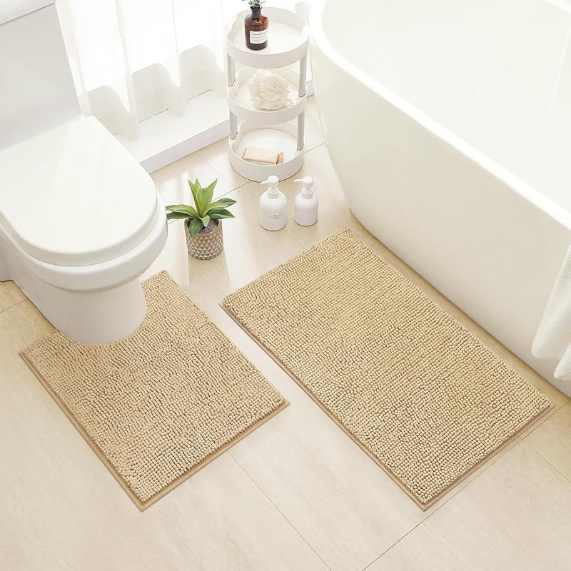 هوم أيدياز { "titleAr": "مجموعة سجاد حمام HOMEIDEAS من قطعتين بلون بيج، سجادة حمام ناعمة جدًا ومانعة للانزلاق، وسادة حمام من القطن الناعم، سجادات حمام فاخرة للحمام والحوض والدش" "detailsAr": "【مجموعة سجاد حمام فاخرة من قطعتين】سجادة على شكل حرف U - Image 1