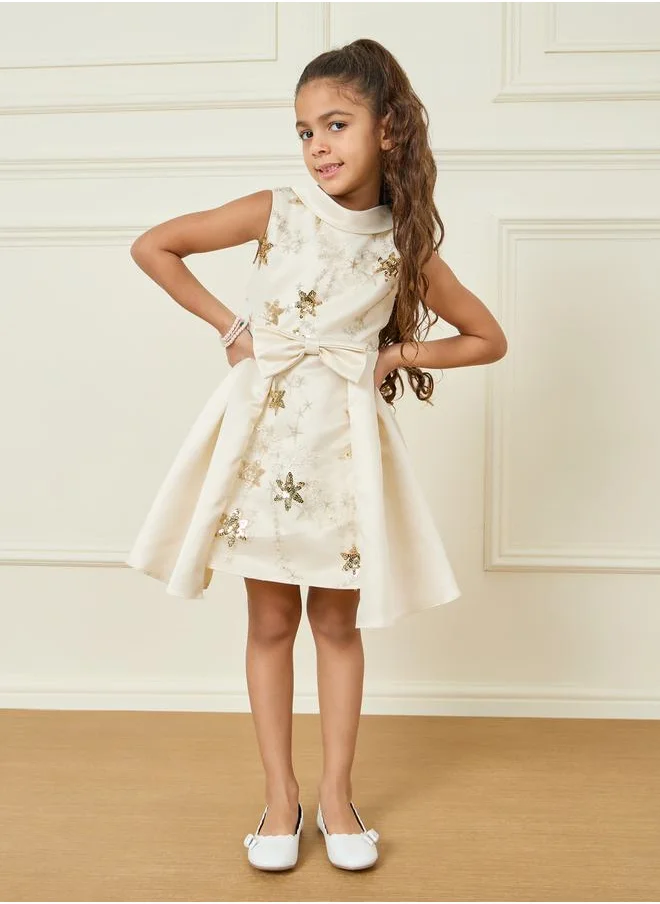 ستايلي All Over Star Embellished Bow Front Layered Detail Dress