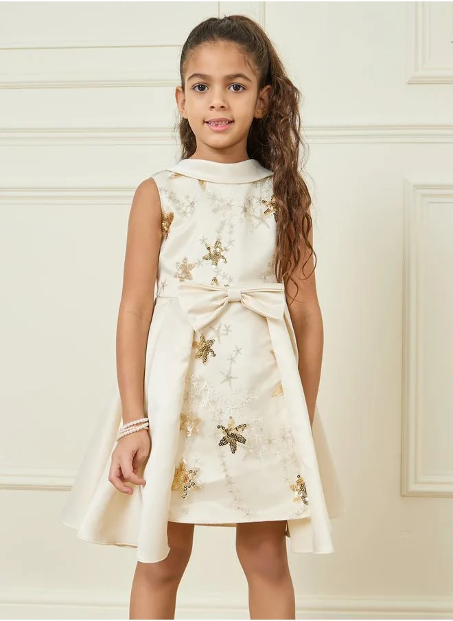 ستايلي All Over Star Embellished Bow Front Layered Detail Dress