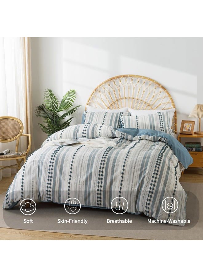 La Sheer Washed Cotton Twin Size Duvet Cover Set - Tufted Dots Boho Chic Bedding for All Seasons, Striped Bohemain Bedding Linen Like Textured Breathable Durable Soft Comfy (Blue, 66''x90'') - Image 2