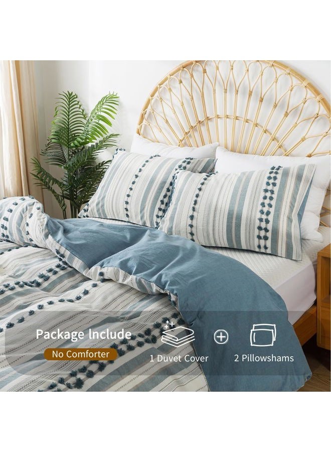 La Sheer Washed Cotton Twin Size Duvet Cover Set - Tufted Dots Boho Chic Bedding for All Seasons, Striped Bohemain Bedding Linen Like Textured Breathable Durable Soft Comfy (Blue, 66''x90'') - Image 4