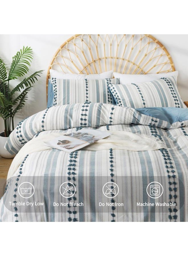 La Sheer Washed Cotton Twin Size Duvet Cover Set - Tufted Dots Boho Chic Bedding for All Seasons, Striped Bohemain Bedding Linen Like Textured Breathable Durable Soft Comfy (Blue, 66''x90'') - Image 3
