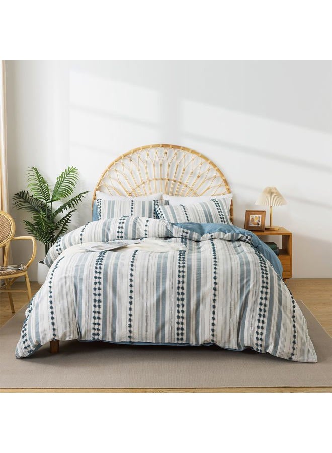 La Sheer Washed Cotton Twin Size Duvet Cover Set - Tufted Dots Boho Chic Bedding for All Seasons, Striped Bohemain Bedding Linen Like Textured Breathable Durable Soft Comfy (Blue, 66''x90'') - Image 1