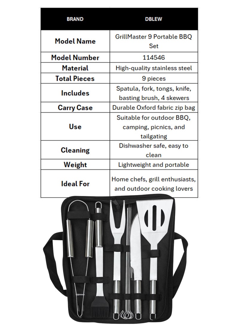 دي بلو مجموعة أدوات شواء من الفولاذ المقاوم للصدأ (9 قطع) مع حقيبة حمل | مجموعة ملحقات شواء خارجية محمولة للتخييم والنزهات والطهي المنزلي - Image 2
