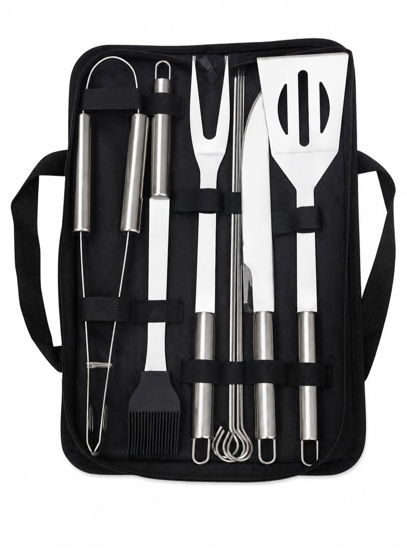 DBLEW Kitchen Utensil Set 9 PCS Stainless Steel with Tongs Fork Spatula Knife Brush Skewers Carry Bag for Cooking - Image 1