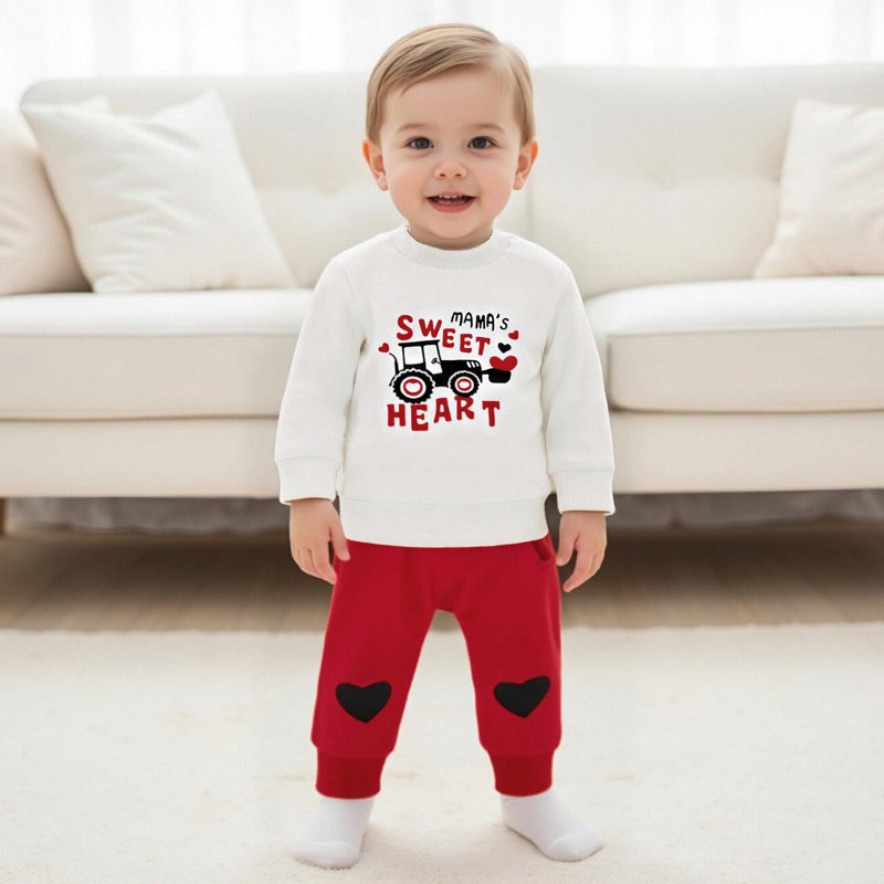 LouVasabuce Valentines Baby Boy Outfit Infant Toddler Boys Tractor Heart Sweatshirt Top Pants Valentine Day Clothes Set (Red, 3-6 Months) - Image 2
