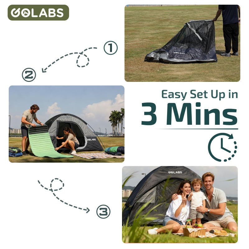 Golabs CT1 2 Person Camping Tent, Easy Set Up in 3 Mins, PU1500mm Waterproof w/Mesh Top & Door with Ventilation, Lightweight 4.4lbs Portable Family Tent with Carry Bag &Interior Storage Pockets &Hook - Image 2