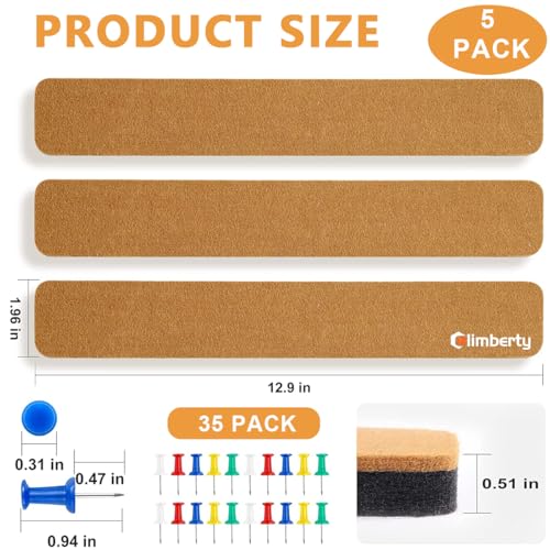 Climberty® 5 Pack Felt Bulletin Board, Felt Message Board with 35pcs Drawing Pins, Self-Adhesive Lightweight Bulletin Board Strips for Paste Notes, Photos, Schedules (Brown) - Image 2