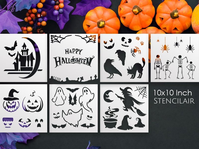 Lionx Stencils Happy Halloween 8-Pack Set: DIY Halloween Crafts, Reusable Large Stencils for Pumpkins, Walls, and Wood Painting - Halloween Skeleton, Wall Art, and Decals for Ultimate Spooky Decor  - Image 1