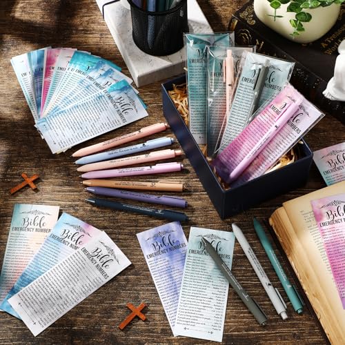 Feifeiya 50 Sets Christian Gifts Bulk Christian Pens Bible Verse Emergency Numbers Bookmarks Religious Church Welcome Gifts for Pastor Grandparent Clergy Sunday School Favor(Watercolor,English) - Image 4