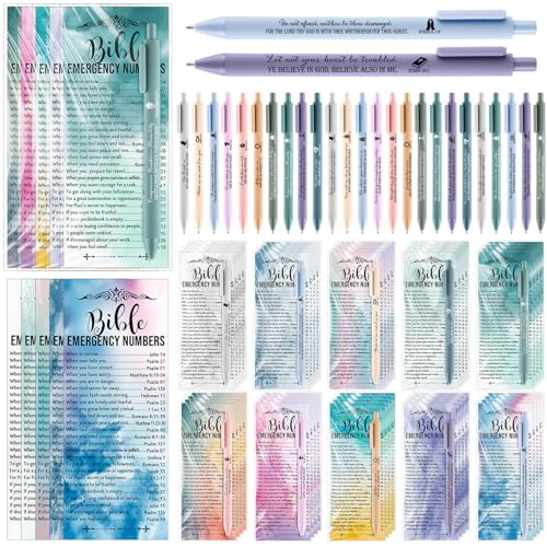 Feifeiya 50 Sets Christian Gifts Bulk Christian Pens Bible Verse Emergency Numbers Bookmarks Religious Church Welcome Gifts for Pastor Grandparent Clergy Sunday School Favor(Watercolor,English) - Image 1
