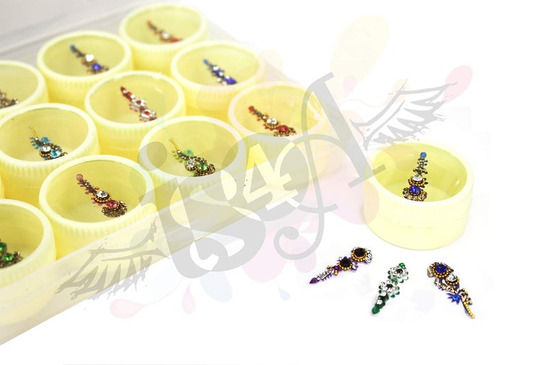 IS4A Long Multicolored Crystal Bindis Tattoo Stickers Adhesive Body Jewelry Multi Size Forehead Indian Daily Use Bindi Set of 12