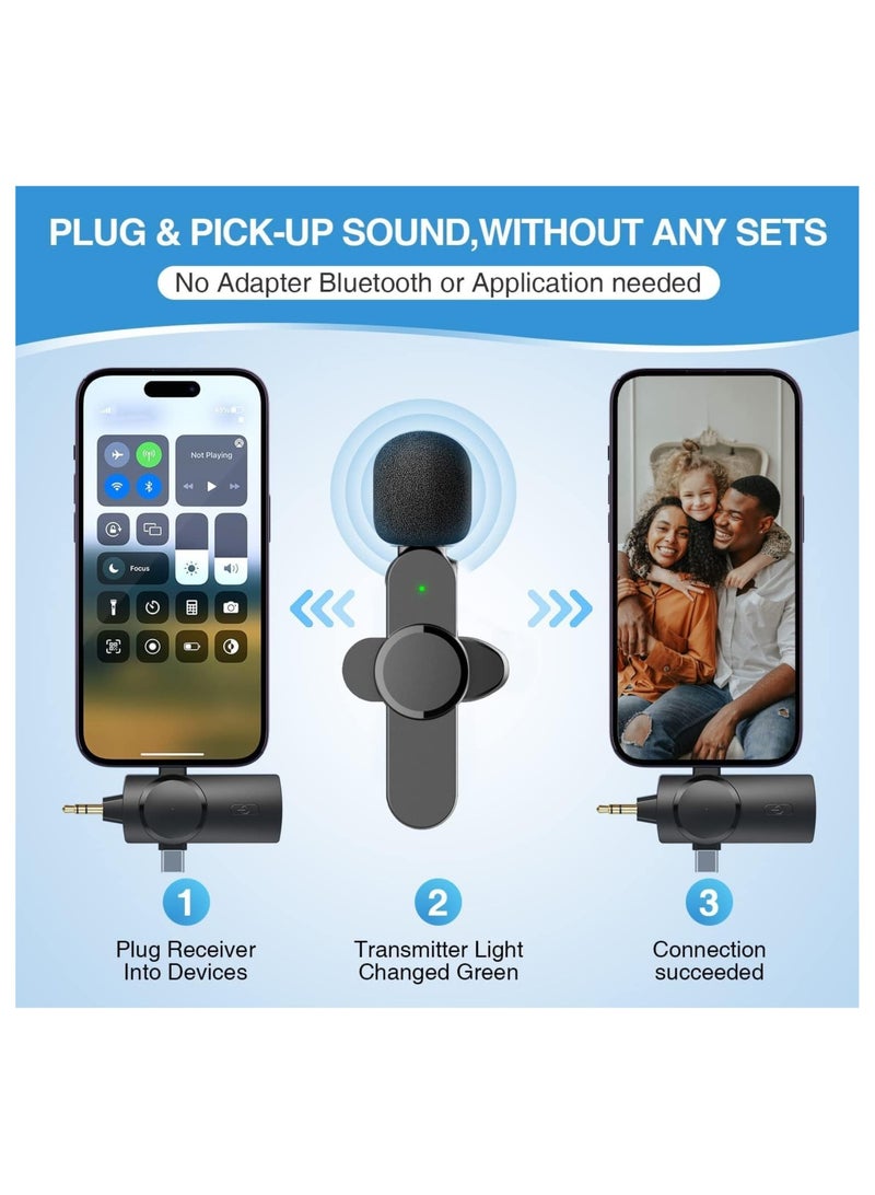 ميكروفون لاسلكي مزدوج من Lavalier لأجهزة iPhone وAndroid وكاميرا، ميكروفونات مزدوجة لاسلكية، تشغيل 2.4G، شريحة مدمجة لتقليل الضوضاء، وقت عمل طويل 7 ساعات لمنشئ شخصين - Image 2