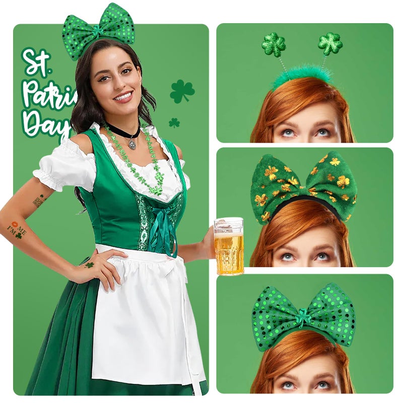 KPX 29Pack St Patricks Party Favors of 16pcs Shamrock Beads Necklace Bulk, 6pcs Clover Eyewear Sunglasses, 6pcs Green Hats Headband, 1pc St. Patrick's Day Stickers Party Dressing-up Costume Accessories - Image 3
