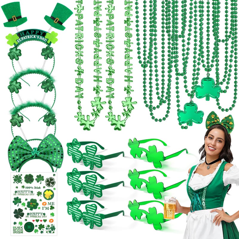 KPX 29Pack St Patricks Party Favors of 16pcs Shamrock Beads Necklace Bulk, 6pcs Clover Eyewear Sunglasses, 6pcs Green Hats Headband, 1pc St. Patrick's Day Stickers Party Dressing-up Costume Accessories - Image 1