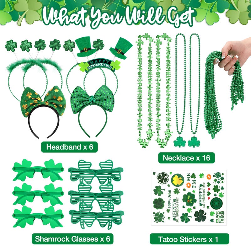 KPX 29Pack St Patricks Party Favors of 16pcs Shamrock Beads Necklace Bulk, 6pcs Clover Eyewear Sunglasses, 6pcs Green Hats Headband, 1pc St. Patrick's Day Stickers Party Dressing-up Costume Accessories - Image 2