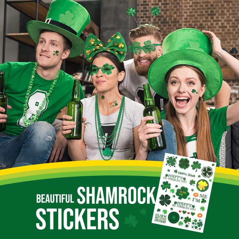 KPX 29Pack St Patricks Party Favors of 16pcs Shamrock Beads Necklace Bulk, 6pcs Clover Eyewear Sunglasses, 6pcs Green Hats Headband, 1pc St. Patrick's Day Stickers Party Dressing-up Costume Accessories - Image 5