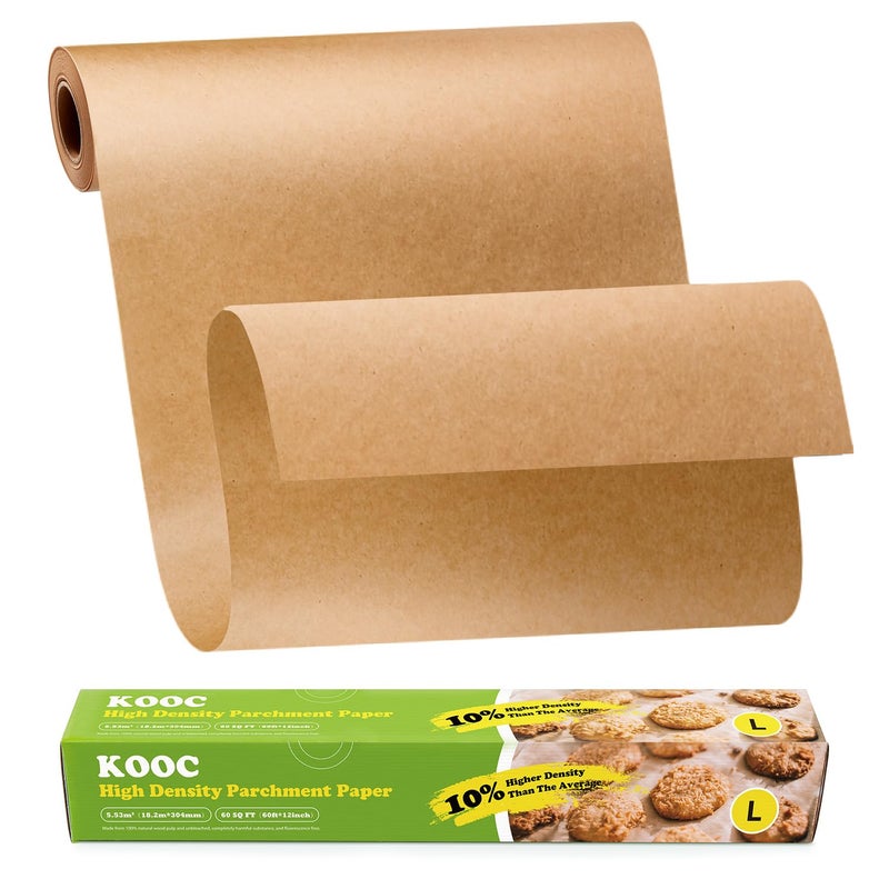 KOOC Premium 60-Feet Parchment Paper Roll - 12-Inch Width, Non-Stick, Unbleached Baking Paper - Ideal for Baking, Cooking, and Food Preparation - 60 Square Feet Coverage - Compostable, High Density - Image 1