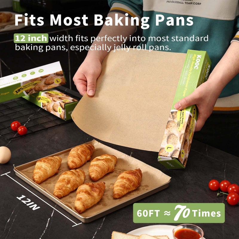 KOOC Premium 60-Feet Parchment Paper Roll - 12-Inch Width, Non-Stick, Unbleached Baking Paper - Ideal for Baking, Cooking, and Food Preparation - 60 Square Feet Coverage - Compostable, High Density - Image 3
