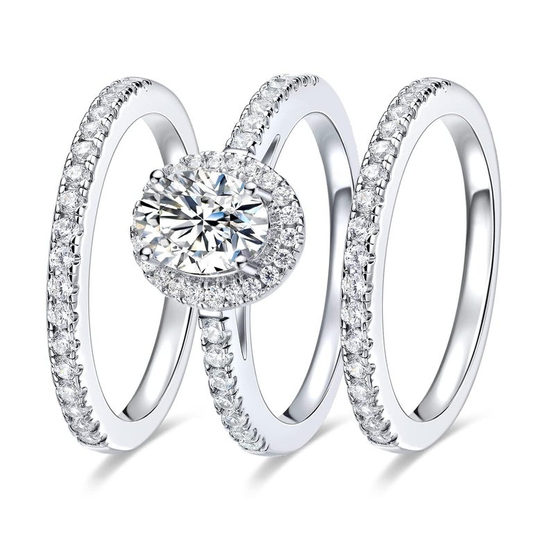 MDFUN Three-in-One Oval Halo Wedding Bands Set Engagement Rings 18K White Gold Plated Cubic Zirconia Promise Eternity Band for Women Size 7 - Image 1