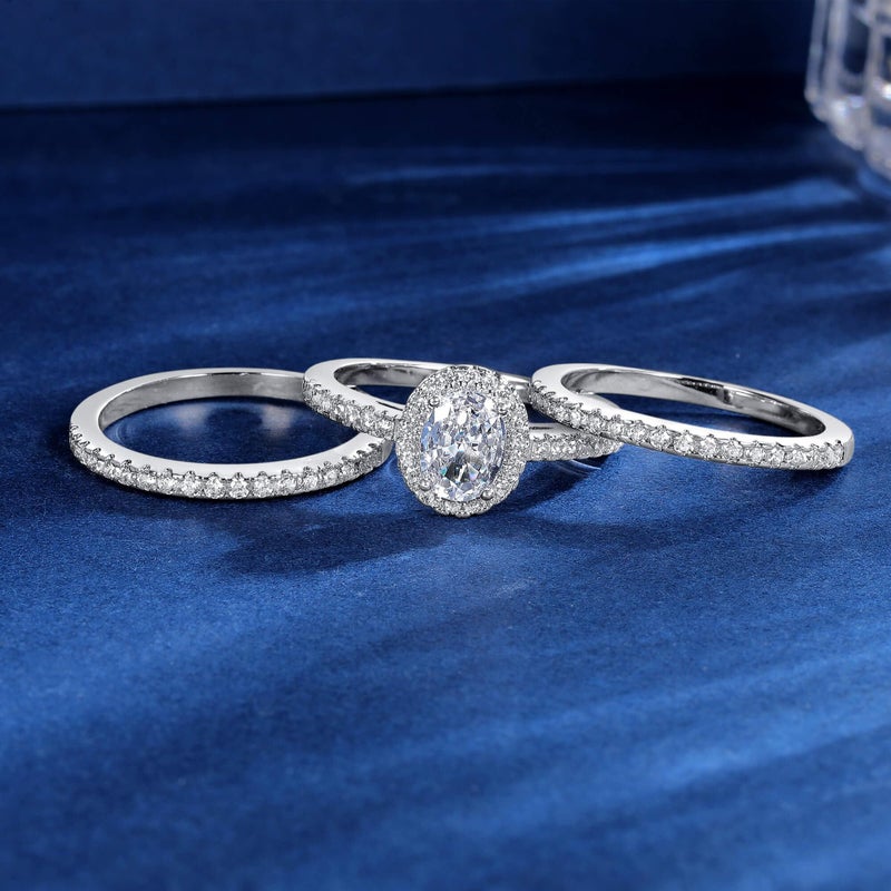 MDFUN Three-in-One Oval Halo Wedding Bands Set Engagement Rings 18K White Gold Plated Cubic Zirconia Promise Eternity Band for Women Size 7 - Image 4