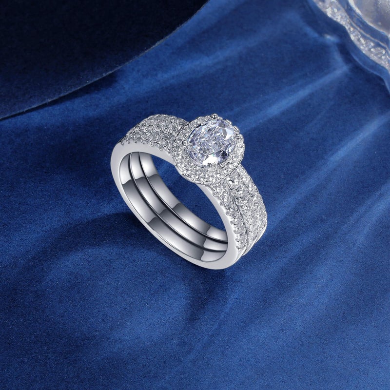MDFUN Three-in-One Oval Halo Wedding Bands Set Engagement Rings 18K White Gold Plated Cubic Zirconia Promise Eternity Band for Women Size 7 - Image 5