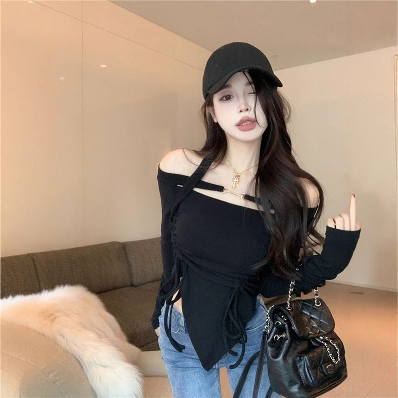 Long-Sleeved T-Shirt Women'S Interior Wear Pure Design Sense Spice Girl Shoulder Neck Irregular Drawstring Tight Top - Image 1