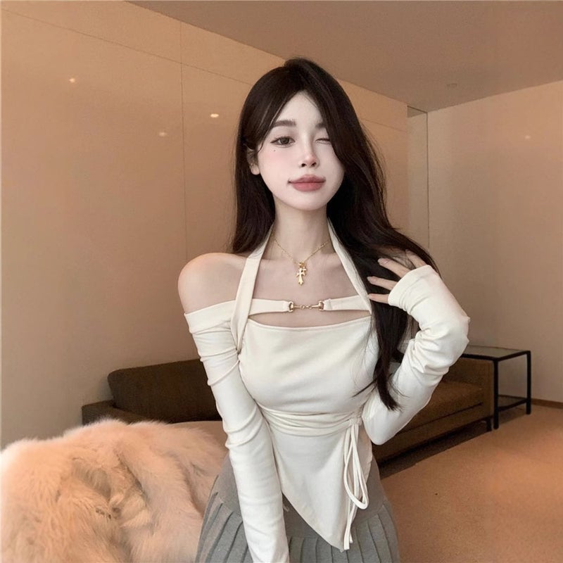 Long-Sleeved T-Shirt Women'S Interior Wear Pure Design Sense Spice Girl Shoulder Neck Irregular Drawstring Tight Top - Image 3