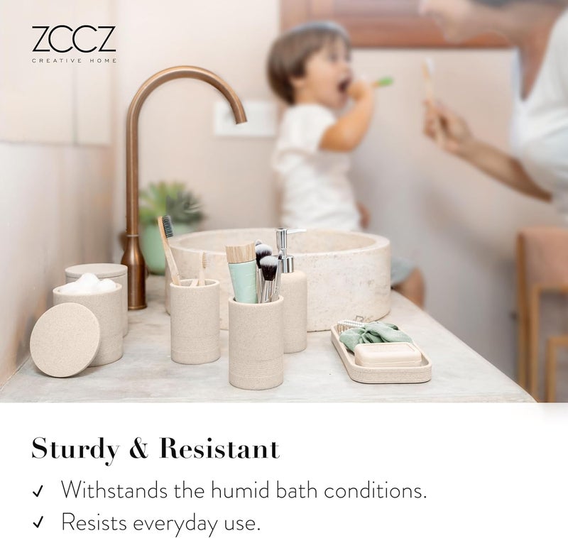 ZCCZ - مجموعة ملحقات الحمام البيج 6 قطع - حامل فرشاة أسنان، موزع اللوشن، حاوية أعواد القطن، صينية الزينة، كوب - منظم الأسطح للحمامات - مجموعة ديكور أنيقة وعملية - Image 5
