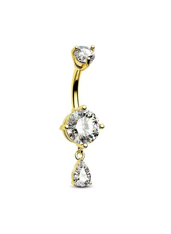 إينوشا خاتم سرة ذهبي مضاد للحساسية من الفولاذ التيتانيوم، مع زركون دائري وقطرة مائية معلقة، مجوهرات ثقب للنساء مقاس 14G - Image 1
