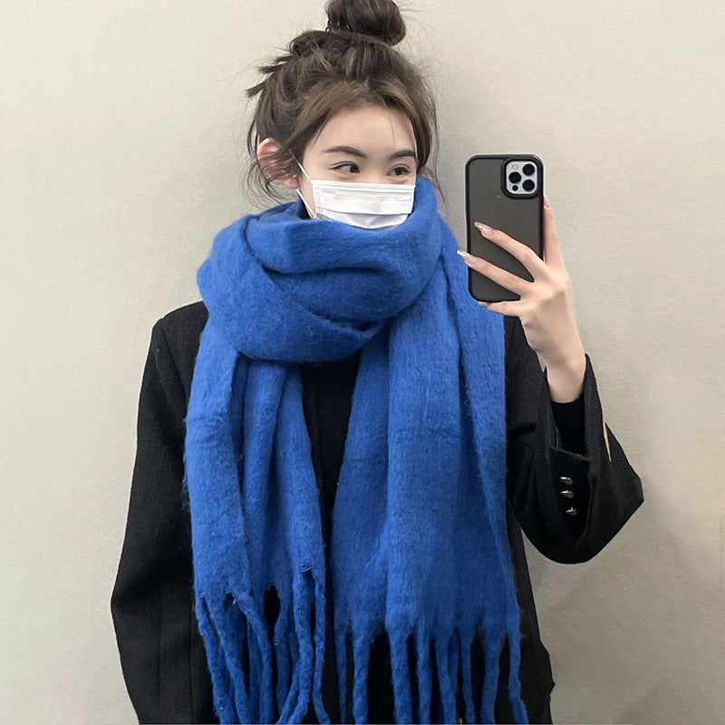 Women'S Mohair Scarf Winter Klein Blue Tassel Large Shawl Soft Waxy Thick Warm Scarf Solid Color Scarf Men - Image 2