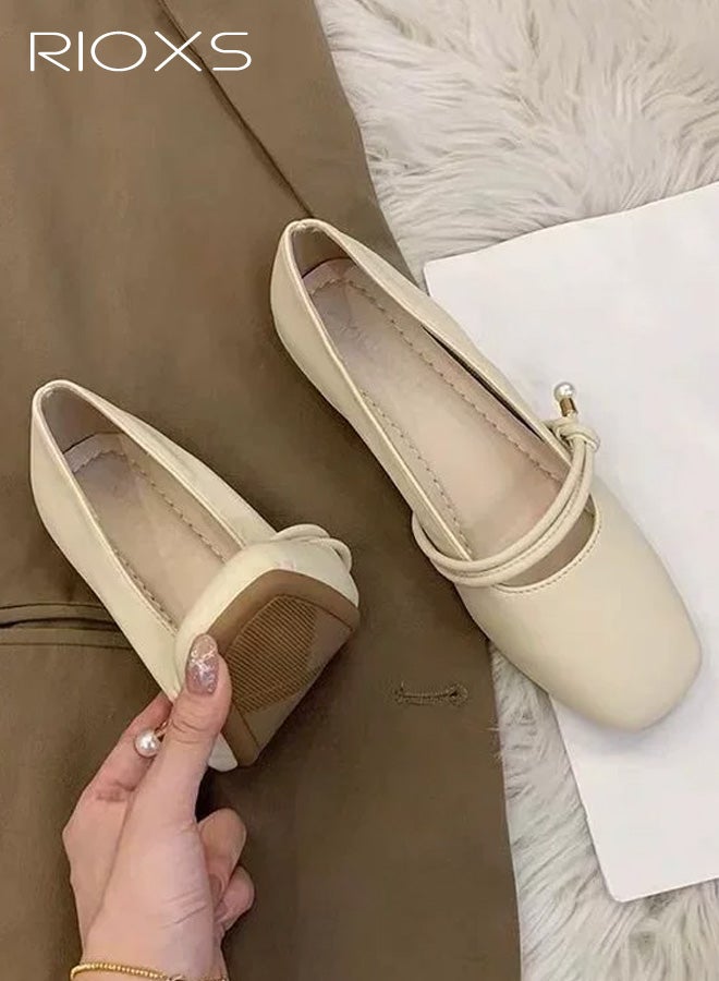RIOXS Women's Mary Jane Flat Shoes, PU Leather Square Toe Slip On Ballet Flats for Ladies, Classic Comfortable Dressy Business Flats Flats for Office Dating Party Prom, Beige - Image 1