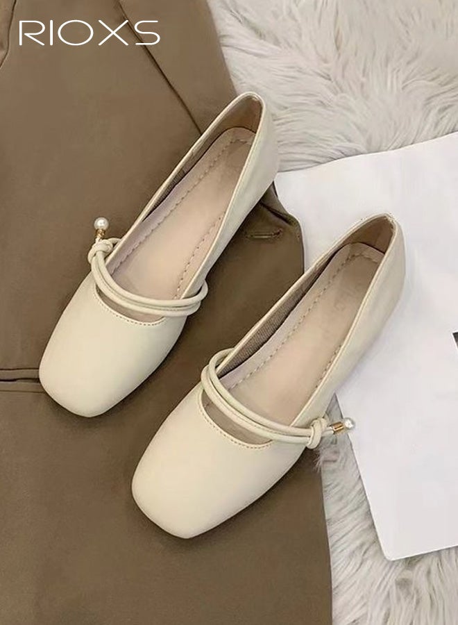 RIOXS Women's Mary Jane Flat Shoes, PU Leather Square Toe Slip On Ballet Flats for Ladies, Classic Comfortable Dressy Business Flats Flats for Office Dating Party Prom, Beige - Image 2