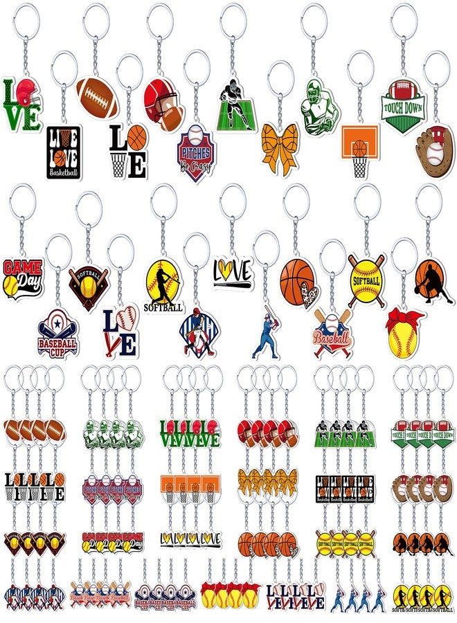 تونديامو مجموعة تونديمو من 100 قطعة من سلاسل المفاتيح الرياضية، 25 تصميمًا من الأكريليك لكرة القدم والبيسبول وكرة السلة والكرة اللينة، مناسبة للأولاد والبنات، هدايا حفلات الفرق، هدايا يوم المباراة، مكافآت مدرسية، وحشوات أكياس الهدايا - Image 1