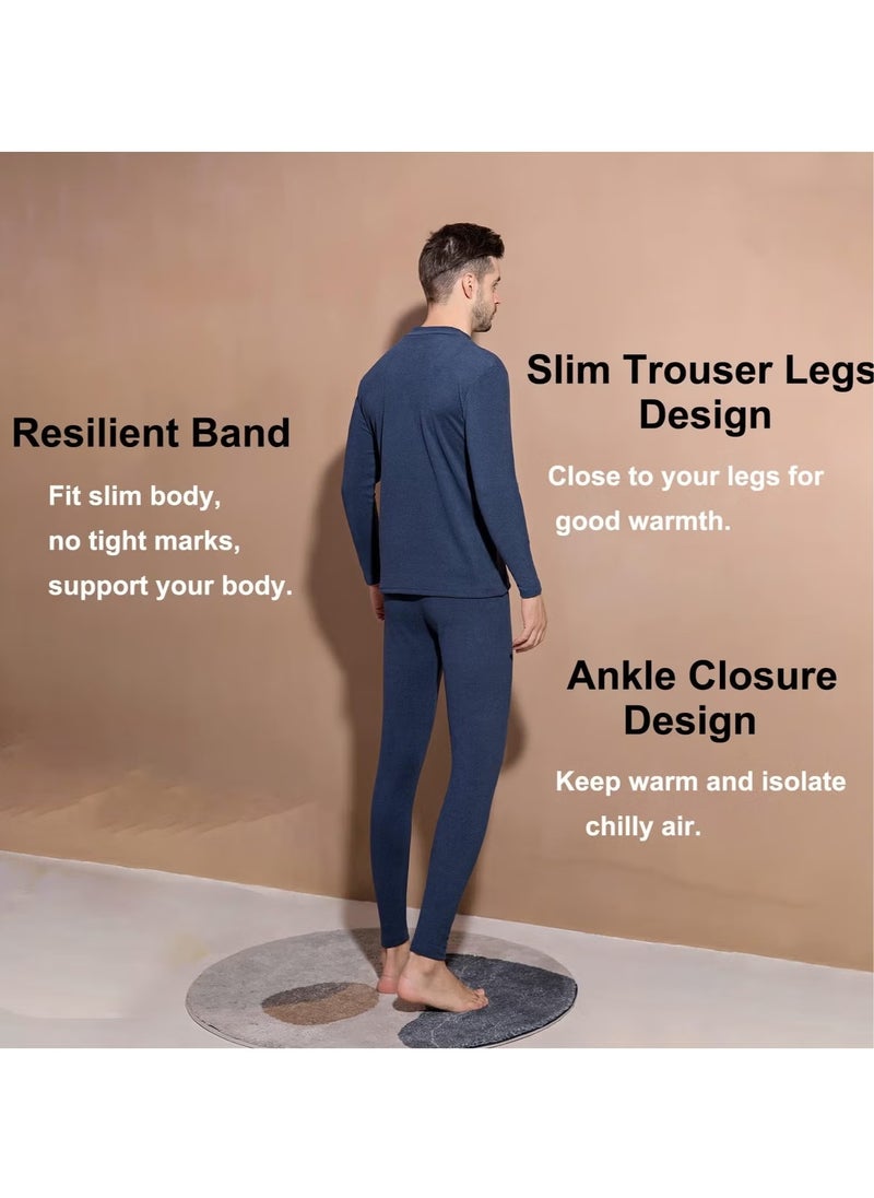 Beauenty - Men's Cotton Thermal Underwear Set Shirt Pants Long Johns (Dark Blue) - Image 1