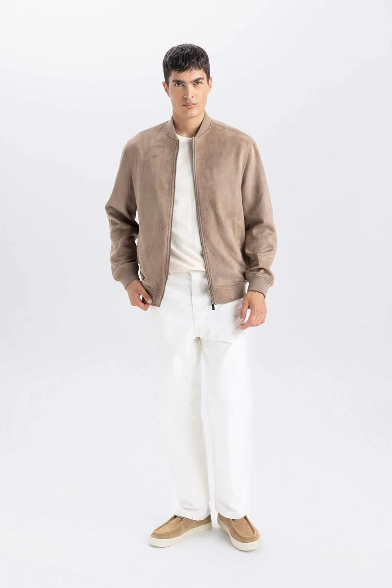 Defacto  Slim Fit College Collar Zippered Suede Bomber Jacket for Men | Best Price UAE