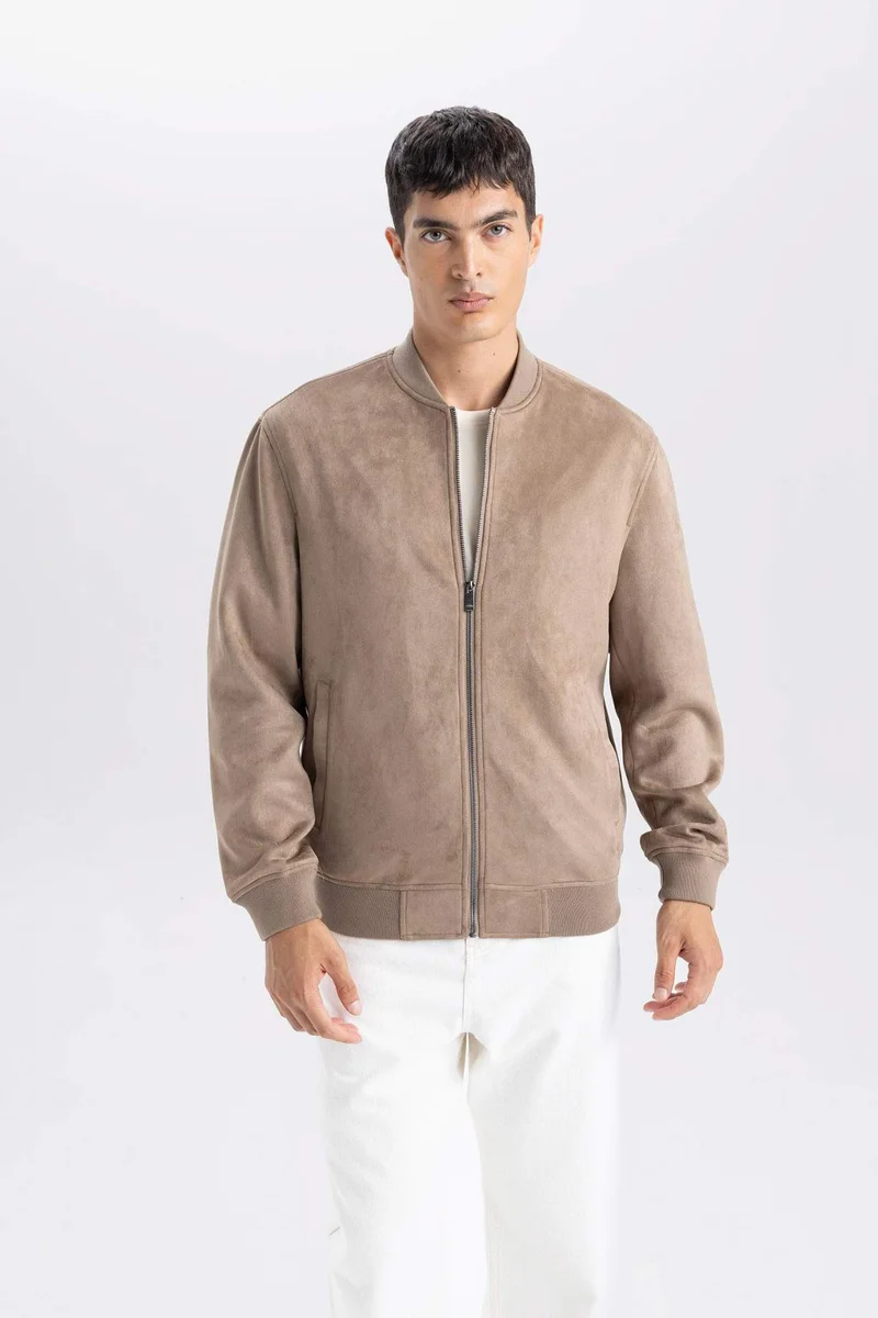 Defacto  Slim Fit College Collar Zippered Suede Bomber Jacket for Men | Best Price UAE