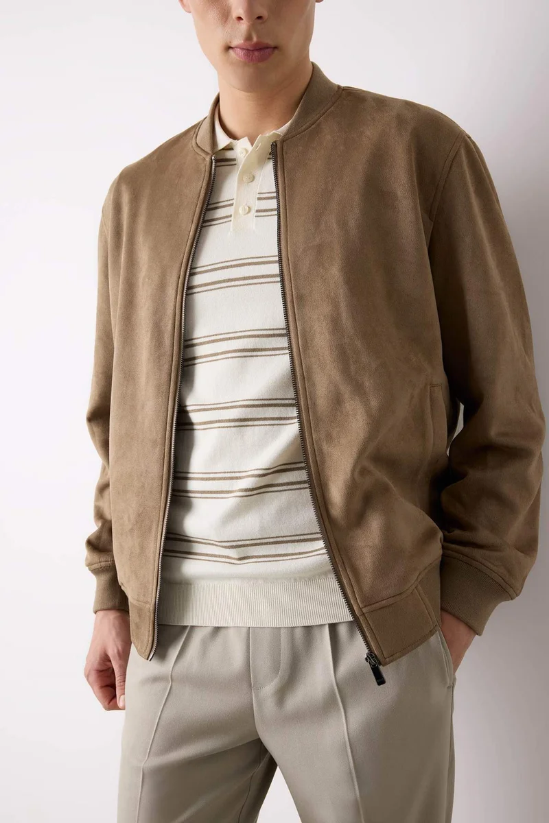 Slim Fit College Collar Zippered Suede Bomber Jacket