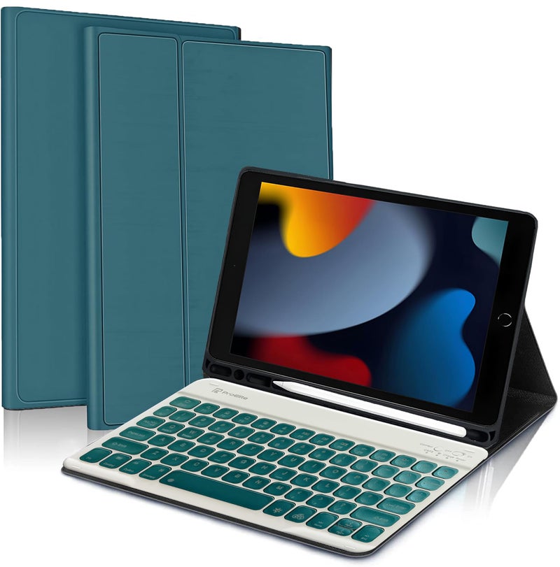 ProElite Keyboard case for Apple iPad 10.2" 9th Gen (2021) / 8th Gen / 7th Gen, with Pencil Holder, Magnetic Detachable Wireless Bluetooth Keyboard Built-in 7-Colors Backlit, Dark Green - Image 1