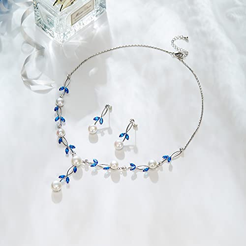 EVER FAITH Wedding Jewelry for Bridesmaid CZ Crystal Simulated Pearl Floral Vine Filigree Bridal Necklace Earrings Set Sky Blue Silver-Plated-Brass - Image 3