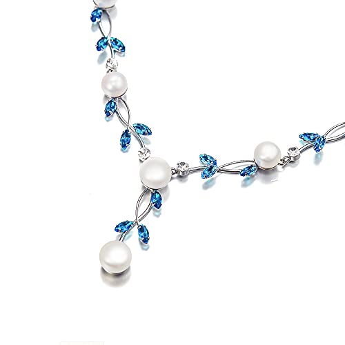 EVER FAITH Wedding Jewelry for Bridesmaid CZ Crystal Simulated Pearl Floral Vine Filigree Bridal Necklace Earrings Set Sky Blue Silver-Plated-Brass - Image 4