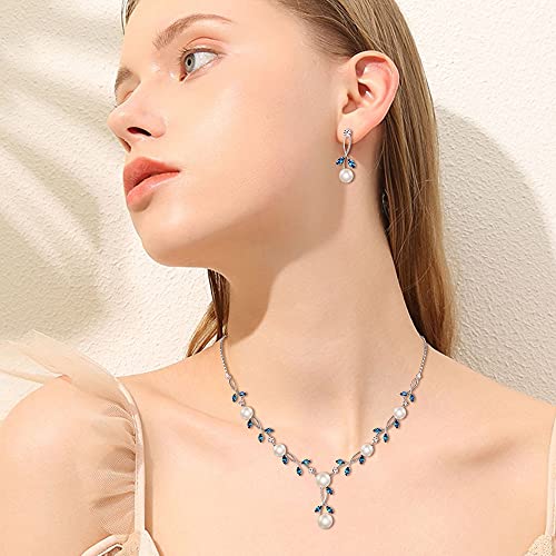 EVER FAITH Wedding Jewelry for Bridesmaid CZ Crystal Simulated Pearl Floral Vine Filigree Bridal Necklace Earrings Set Sky Blue Silver-Plated-Brass - Image 2