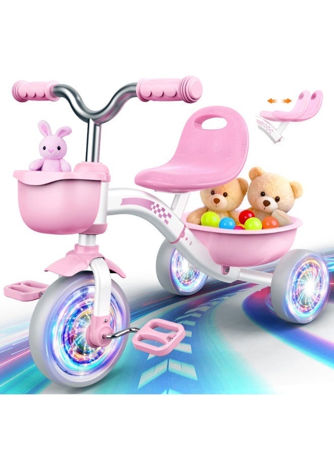 MaBaby Kids Tricycle, with Adjustable Seat and Storage Basket, 3-Wheel Pink Baby Bike, Kids BIcycle for Toddler 2-5 Years Boys and Girls Birthday Gifts - Image 1
